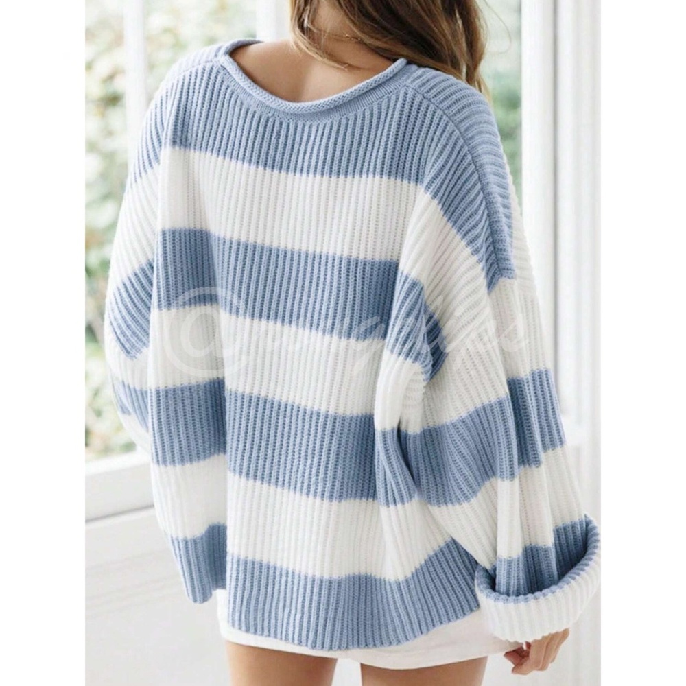 Colorblock Striped Blue White Oversized Pullover Sweater - Picture 2 of 5